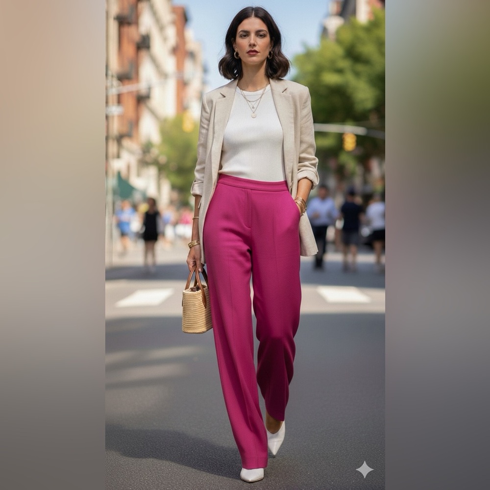 NWT ELIE TAHARI Vibrant Wide-Leg Fuschia Lightweight Summer Trousers Size 14